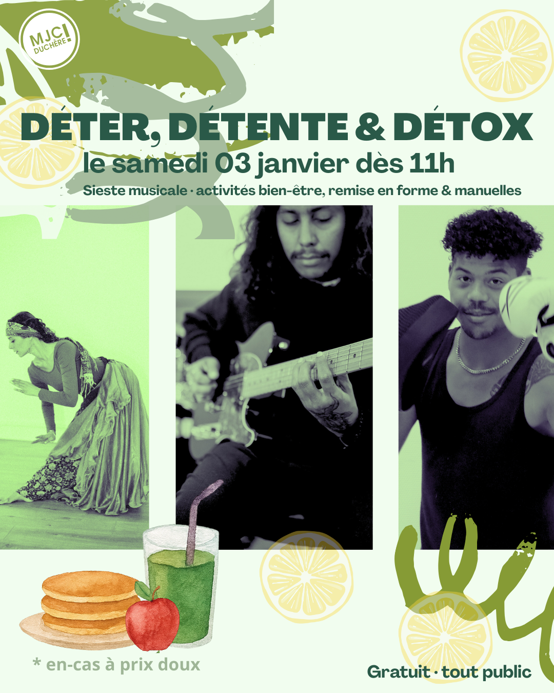 2026 démarre déter, détente et détox le samedi 3 janvier à la MJC Duchère. Activités gratuites : sport, bien-être, cuisine, danse, musique pour toustes ! En-cas sucrés et salés à prix doux. MJC Duchère 237 rue des érables, 69009 Lyon